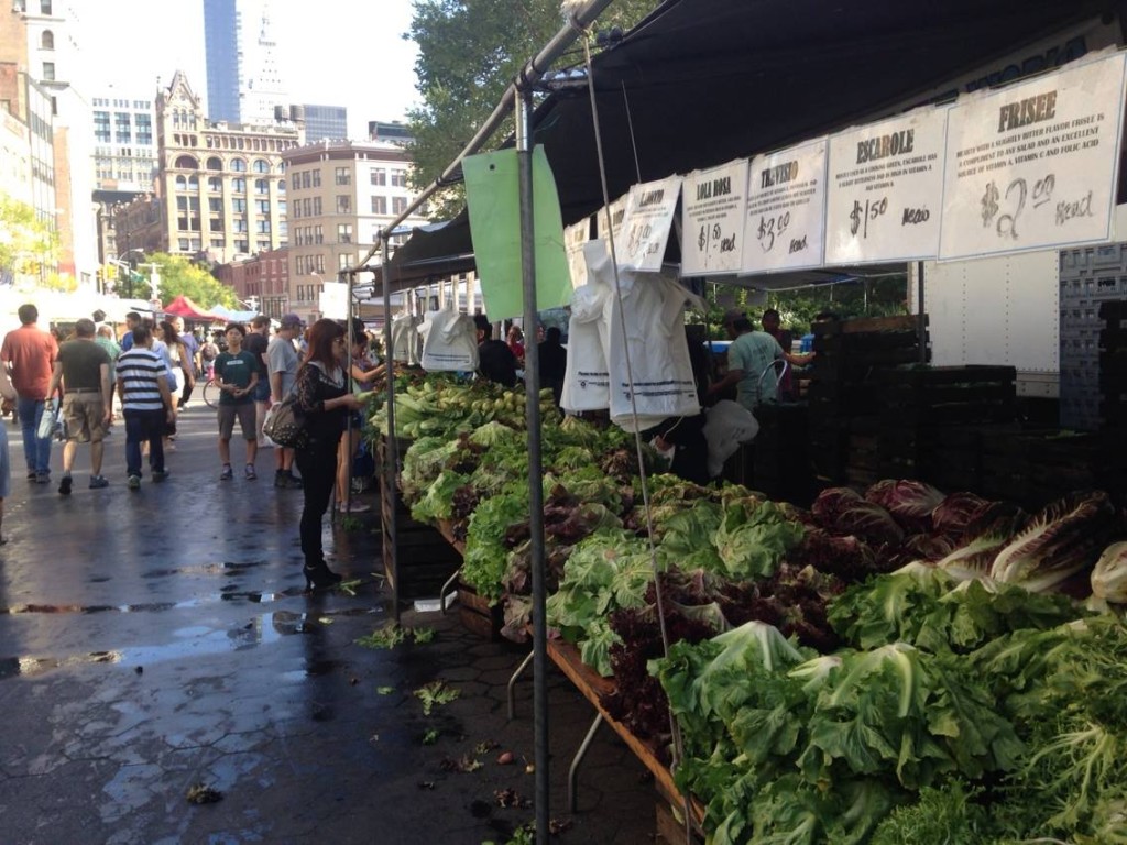 Shoppers browse the produce at the GrowNYC Union Square Greenmarket, which played host to the Rainforest Alliance's Follow The Frog Week chef panel.