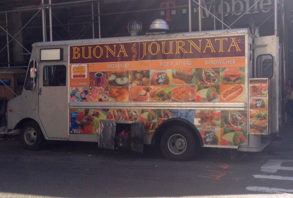 Amir El Saidi’s food truck, Buona Journata, is parked legally on 28th Street and 7th Avenue, but many surrounding streets in the area are restricted due to their proximity to Penn Station. Photo: Alexandra Levine. 