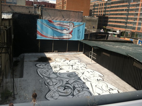Street art by Jordan Betten. The art is situated slightly below the High Line, and can be seen by looking over the park’s railing. Photo: Alanna Weissman.