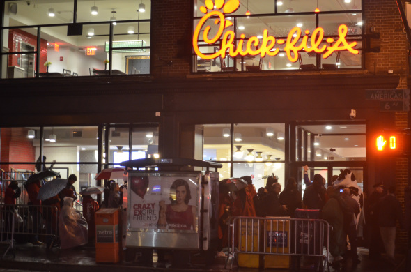 Chick-fil-A officially opened its first full-service restaurant in New York City on October 3. More than 300 people showed up the night before for the restaurant's famous First 100 Giveaway, in which 100 people are randomly selected to win 52 free chicken meals.