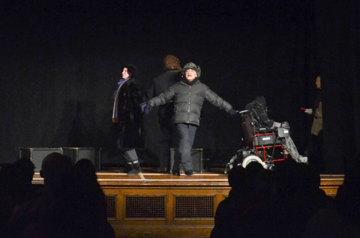 Two legally-blind performers Pamela Sabaugh (left 1) and George Ashiotis (left 2), Nicholas Viselli (right 2) and Ann Marie Morelli (right 1), who has multiple sclerosis, in the performance space on West 55 Street. Photo: Jingnan Peng 