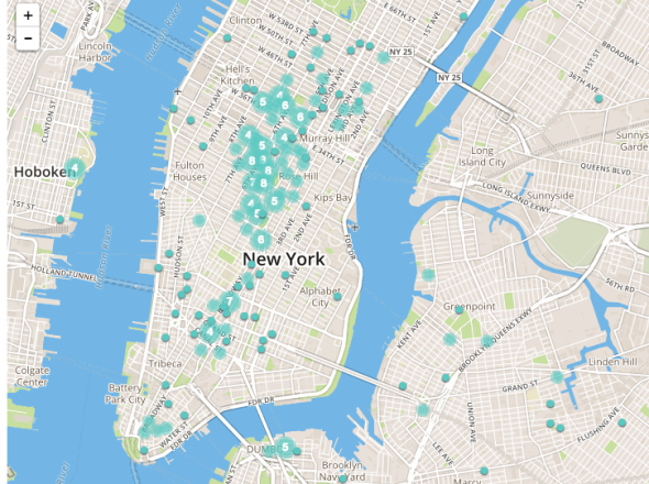 A map of coshared office spaces that have come up in Midtown Manhattan to accommodate the growth of startups in the neighborhood. Source: Digital.NYC, part of the New York City Economic Development Corporation