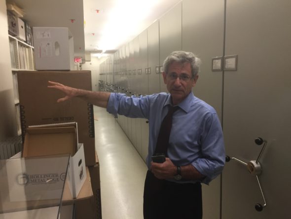 Jonathan Brent shows off the different types of documents in YIVO's archives.