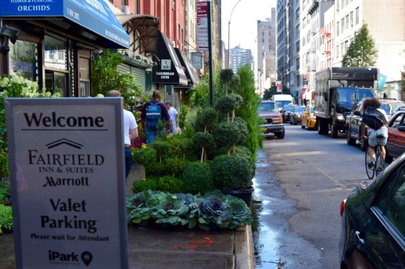 Four new, large hotels take up parking space on 28th Street, leaving flower sellers to scramble when pickup and delivery trucks arrive. Photo: Joseph Flaherty.